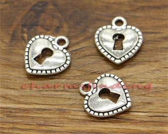 50pcs Heart Lock Charms 2 Sided Charms Antique Silver Tone 14x16mm cf0223