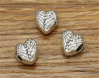 20 cuentas europeas con forma de corazón y alas de ángel con agujero grande, tono plata antigua, 12 x 11 x 8 mm, cf2683