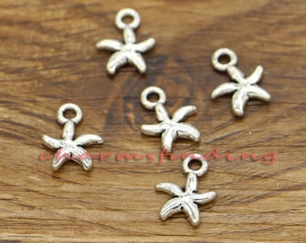 50pcs Starfish Charms Beach Charm 2 Side Charms Antique Silver Tone 10x13mm cf1061