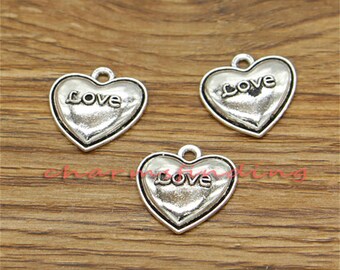 30pcs Heart Charm Love Charms Valentine Charm Word Charms Antique Silver Tone 17x17mm cf3128