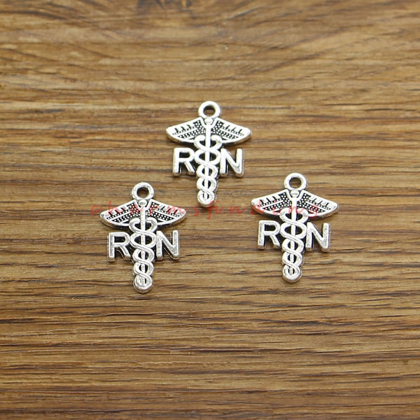 25pcs RN with Caduceus Charms Nurse Charm Medical Symbol Charms  Health Care Worker Charm Antique Silver Tone 15x21mm cf4398