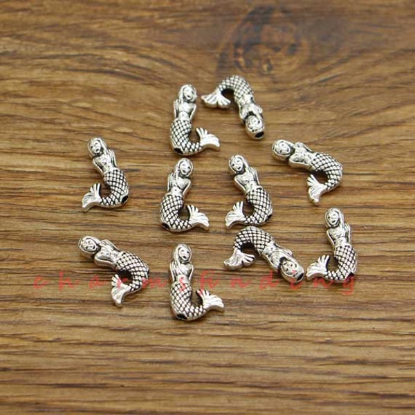 50pcs Small Mini Mermaid Beads Spacers Antique Silver Tone 13x9x4mm 1mm hole cf3825