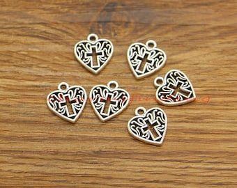 30 stuks hart kruis sierlijke filigraan bedels religieuze bedels antiek zilver kleur 14 x 16 mm cf5206