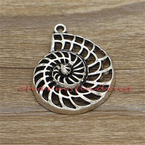 May include: A silver-toned metal charm shaped like a nautilus shell with intricate details. The charm has a spiral design and a smooth, polished finish.