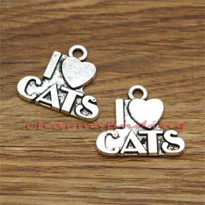 12pcs Large Cat Charms I Love Cats Charms Cat Lover Charms Antique Silver Tone 21x23mm cf2519