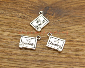 20pcs #1 Teacher with Apple Charms Number One Teacher School Charms Pendants Antique Silver Tone 15x20mm cf4826