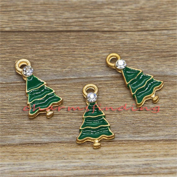 10pcs Christmas Tree Charms Tree Charms Holiday Charms Gold Plated Enamel Charms 11x20mm cf1431