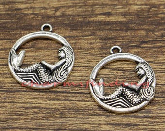 15 piezas de dijes de sirena grandes, dijes del océano, tono plata antigua, 23 x 26 mm, cf2858