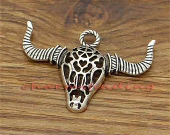 5pcs Large Cattle Skull Charms Longhorn Charms Antique Silver Tone 49x35mm cf3031