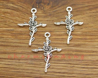 20pcs Rose Cross Charms Charmes Religieux Antique Silver Tone 22x33mm cf3654