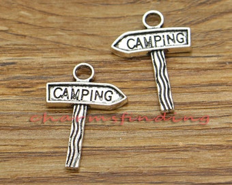20pcs Camping Charms 2 Sided Sign Charms Antique Silver Tone 23x16mm cf0372