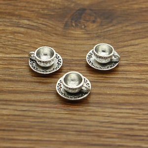 15pcs Tasse à thé et soucoupe Charme 3D Antique Silver Tone 14x7x14mm cf3960 image 3