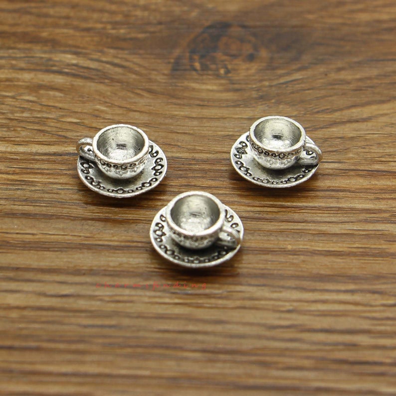 15pcs Tasse à thé et soucoupe Charme 3D Antique Silver Tone 14x7x14mm cf3960 image 3