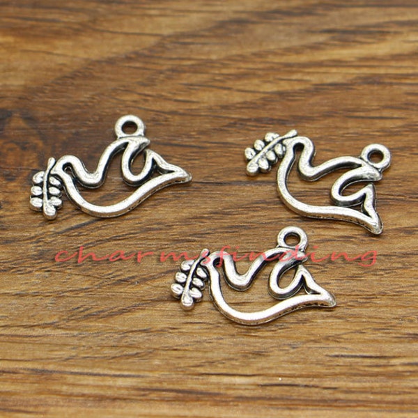 50pcs Peace Dove Charms Olive Bird Charm Antique Silver Tone 14x19mm cf1062