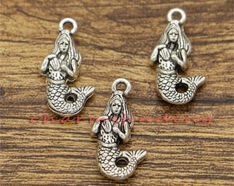 15 piezas de dijes de sirena, dijes del océano, dijes 3D de 2 lados, tono plata antigua, 20 x 11 mm, cf0455