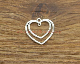 20pcs Heart Charm Double Heart Charm Valentine Charms Antique Silver Tone 25x25mm cf4670