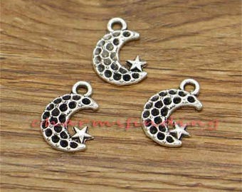 30pcs Moon and Star Charms Celestial Charms Antique Silver Tone 13x19mm cf3055