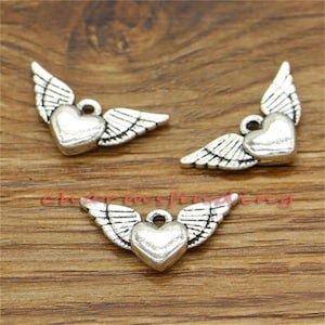 15pcs Winged Heart Charms 2 Sided Angel Wings Charms Antique Silver Tone 25x13mm cf1858