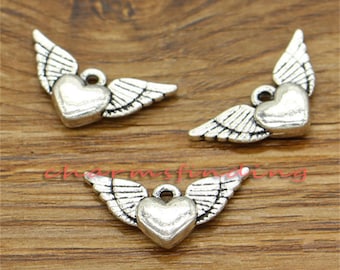 15 piezas de dijes de corazón alado, dijes de alas de ángel de 2 lados, tono plateado antiguo, 25 x 13 mm, cf1858