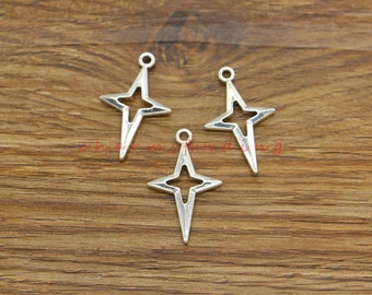 50pcs Shiny Star Charms Double Sided Charms Bulk Charms Antique Silver Tone 10x23mm cf4420