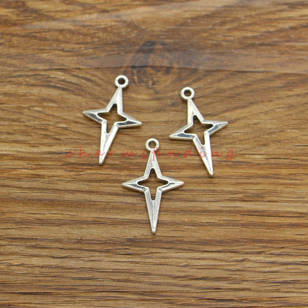 50pcs Shiny Star Charms Double Sided Charms Bulk Charms Antique Silver Tone 10x23mm cf4420