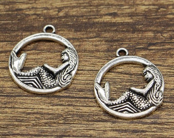 15pcs Large Mermaid Charms Ocean Charms Antique Silver Tone 23x26mm cf2858