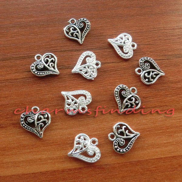 50pcs Heart Charms Love Hollow Hearts Antique Silver Charms Bright Silver Charms 15x14mm cf0049