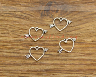 50pcs Heart Arrow Charms Cupids Heart Arrow Charms Valentines Charms Bulk Charms Antique Silver Tone 12x18mm cf4805