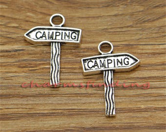 20pcs Camping Charms 2 Sided Sign Charms Antique Silver Tone 23x16mm cf0372
