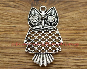 3pcs Large Owl Charms Pendants Bird Charms Antique Silver Tone 35x60mm cf3384