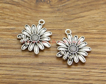 15pcs Sunflower With Silver Bee Charms Flower Floral Charms Necklace Queen Bee Charms Antique Silver Tone 23x26mm 4491