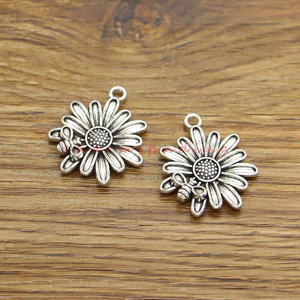 15pcs Sunflower With Silver Bee Charms Flower Floral Charms Necklace Queen Bee Charms Antique Silver Tone 23x26mm 4491