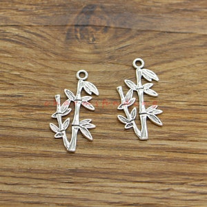 30pcs Bamboo Stalk Charms Branch Bamboo Leaf Charms Antique Silver Tone 15x29mm cf4647