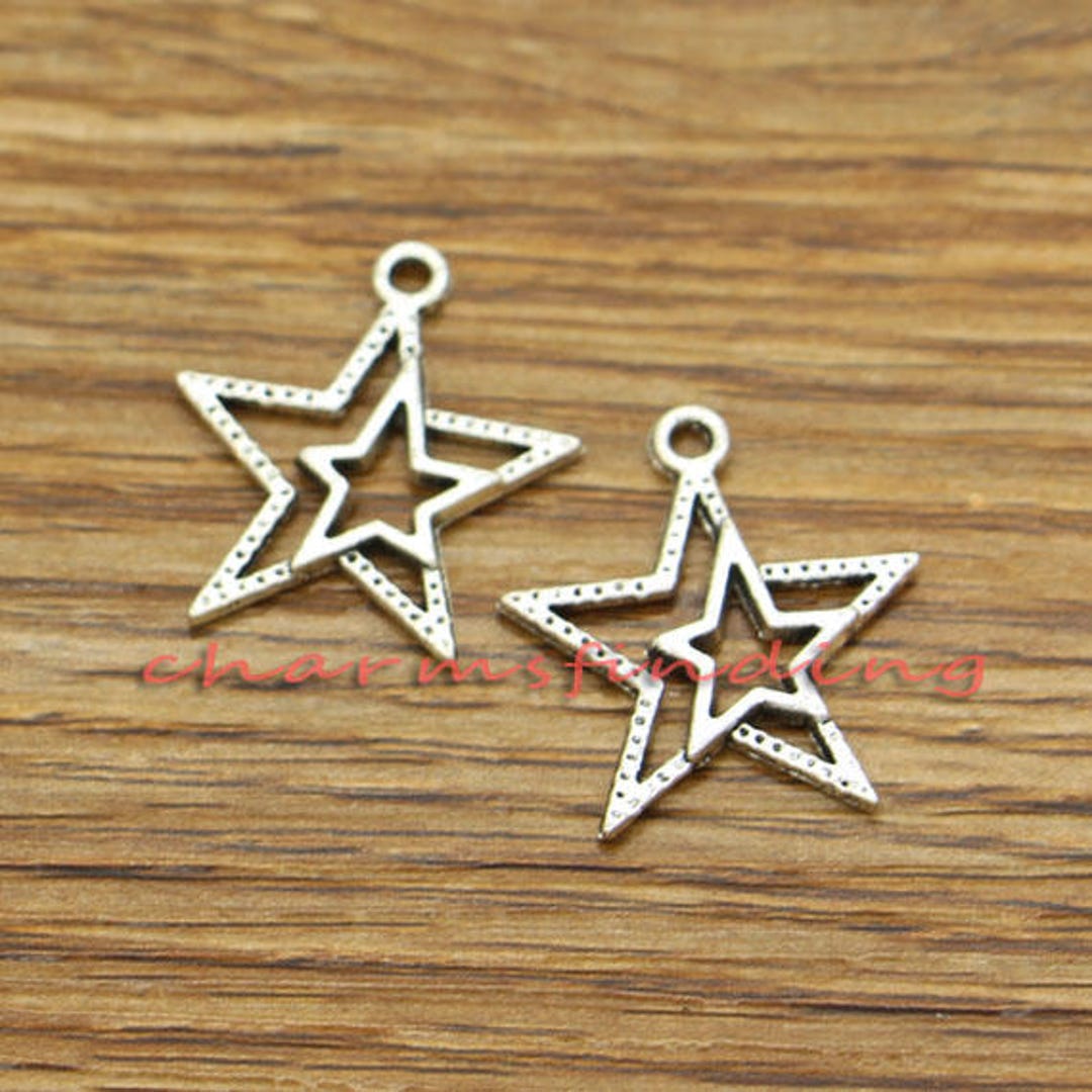 30pcs Star Charms Double Stars Charms Antique Silver Tone 20x23mm