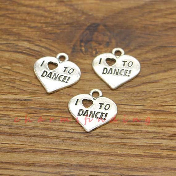 30pcs J’aime danser Charme Coeur Charmes Antique Silver Tone 18x18mm cf1171