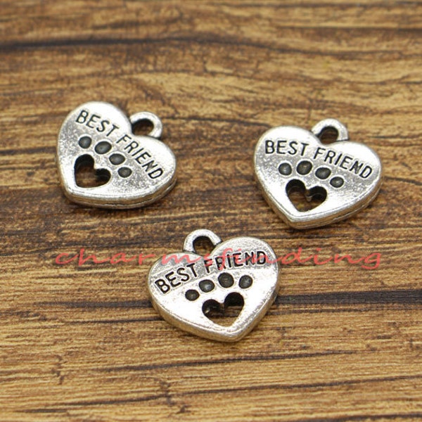 20pcs Best Friend Charms with Heart Dog Paw Charm Antique Silver Tone 15x15mm cf0498