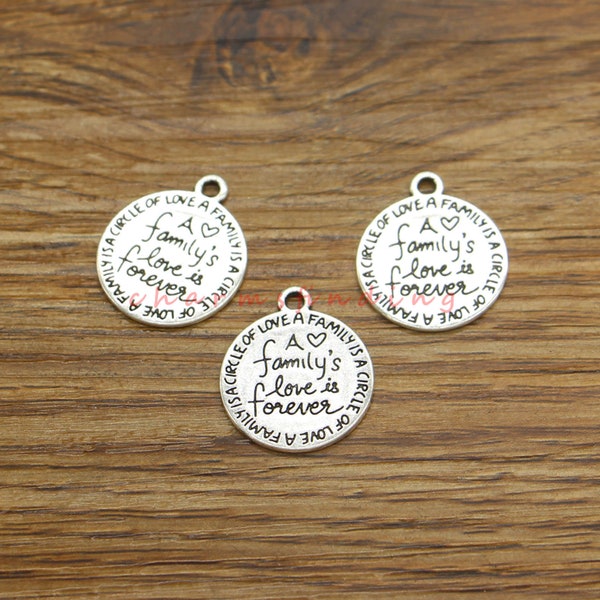 30pcs A Family's Love is Forever Charm Family Round Word Motivation Charms Antique Silver Tone 17x20mm cf4380