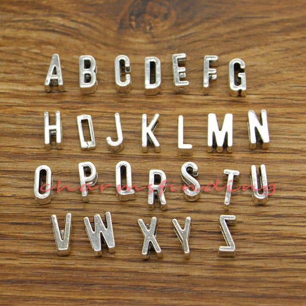 26 Letters A-Z Alphabet Charms Beads Fit Get Through Chain Rope Antique Silver Tone 6x11 approx mm 2X6mm approx hole cf3448