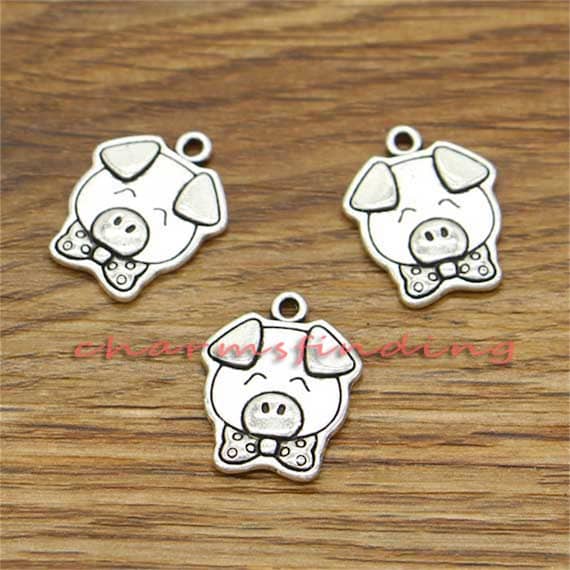 10 Colgantes De Plata Tibetana Con Forma De Cerdito De Granja - Diseño 3D - 20x13 Mm