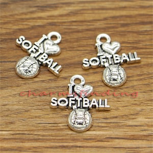 20pcs I love Softball Charms Team Sports Charms Antique Silver Tone 20x21mm cf2080