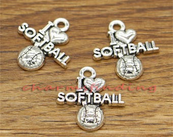 20pcs I love Softball Charms Team Sports Charms Antique Silver Tone 20x21mm cf2080