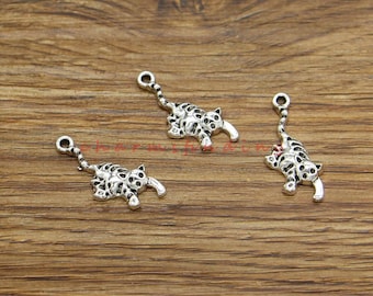 50pcs Cat Charms Animal Pet Feline Charms Antique Silver Tone 10x25mm cf4262