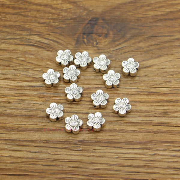 50/100pcs Silver Metal Daisy Flower Beads Spacers Antique Silver Tone Beads 8x8x3mm 1mm hole beads cf4002