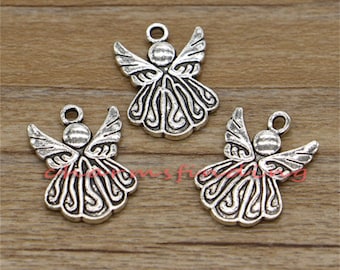 20 piezas de dijes de ángel en tono plateado antiguo, 21 x 15 mm, cf0557