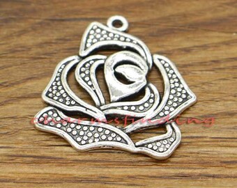 10pcs Large Flower Charms Rose Charms Antique Silver Tone 27x28mm cf0779