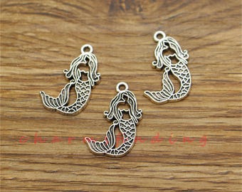 30 piezas de dijes de sirena, dijes del océano, tono plata antigua, 17 x 23 mm, cf3558