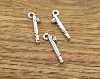 50pcs Baseball Bat Charms 2 Sided Play Ball Charms Antique Silver Tone 8x22mm cf3718