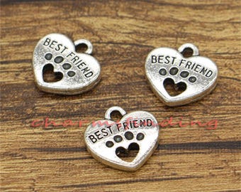 20pcs Best Friend Charms with Heart Dog Paw Charm Antique Silver Tone 15x15mm cf0498