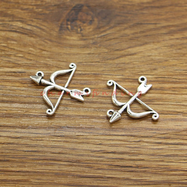 25pcs Bow and Arrow Charms Archery Charm Antique Silver Tone 26x26mm cf4379