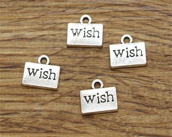 50 piezas de dijes de deseos con forma de palabra en tono plateado antiguo, 11 x 13 mm, cf1805